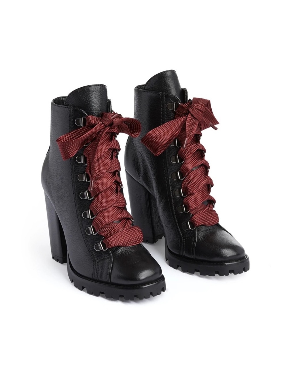 SCHUTZ Black Leather Lace-Up Block Heel Ankle Boots with Burgundy Laces